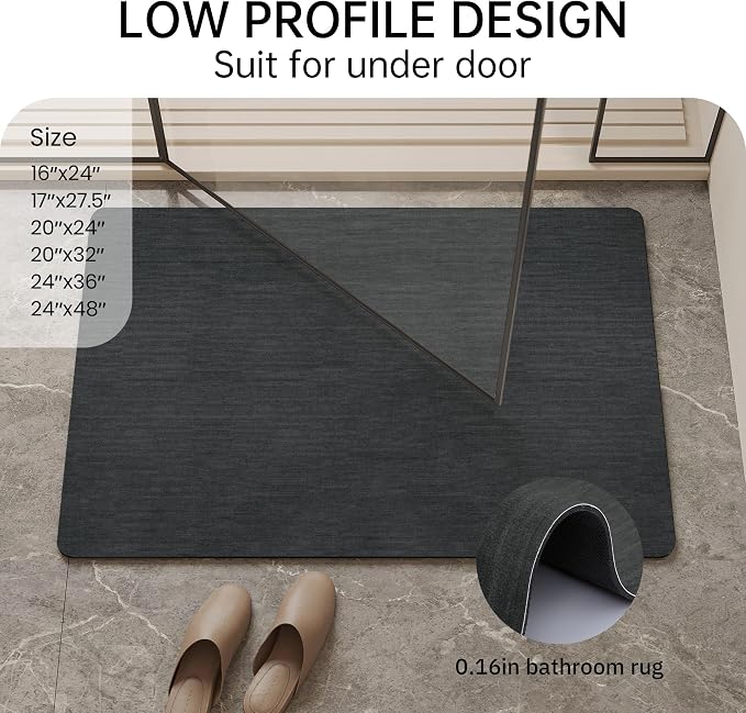 Mecko Bath Mat Ultra Thin Black, 20"x24" | -Non-Slip,Quick Dry,Absorbent Bathroom Rug Suit For Tile floors,Easy Care Shower Rug in Front of Bathtub,Sink,Shower