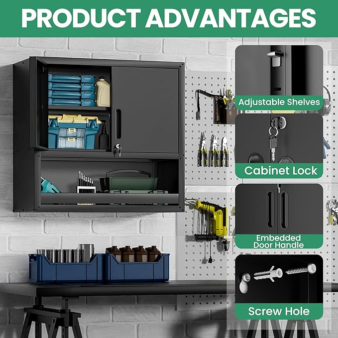 Garage Storage Cabinet System,Wall Cabinet & Locking Rolling Tool Cabinet with Doors and Adjustable Shelves