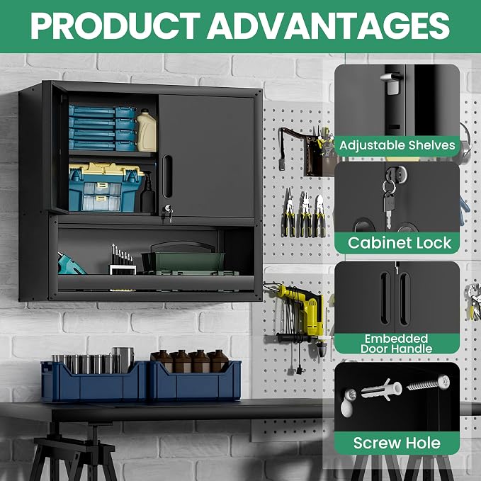 Garage Storage Cabinet System,Wall Cabinet & Locking Rolling Tool Cabinet with Doors and Adjustable Shelves