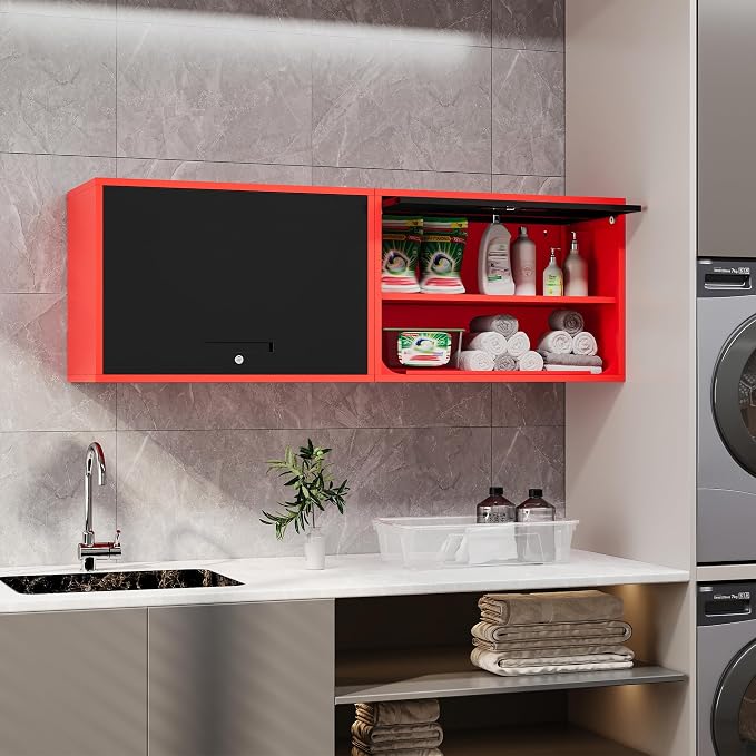 Fesbos Metal Storage Cabinet Black Red Wall Cabinets with Shelf and Locking Door - Wall Mounted Storage Cabinet for Garage Warehouse Home Office - Assembly Required
