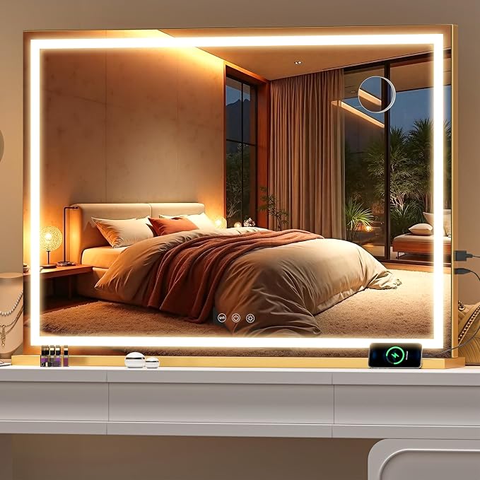Vanity Mirror with Lights, 40" x 29" LED Makeup Mirror with 10X Magnification, Dimmable 3 Modes, Memory Function, Smart Touch, USB Charging Port, Lighted Makeup Mirror Square Glod