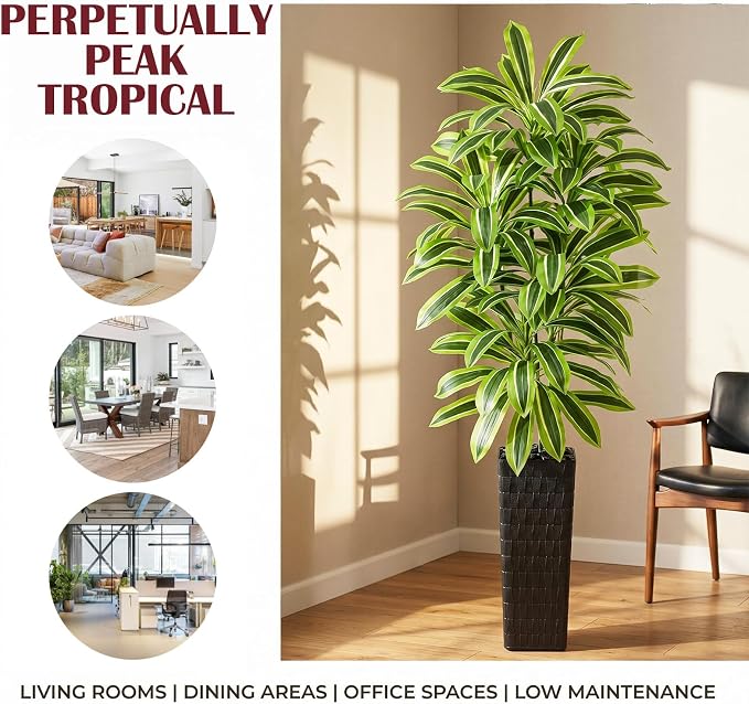 Artificial Yellow Dracaena Tree Indoor, 7FT Tall Fake Floor Plants with Black Planter & Pebbles, Faux Silk Yucca Tree for Home Office Living Room Bedroom Farmhouse Modern Outdoor Topiary Tree