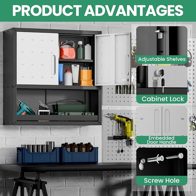 Garage Storage Cabinet System,Wall Cabinet & Locking Rolling Tool Cabinet with Doors and Adjustable Shelves