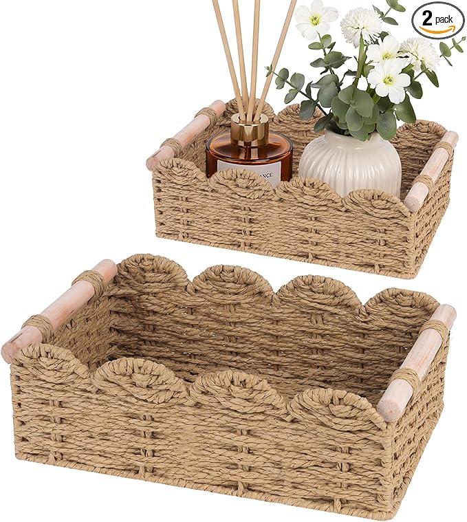 iEGrow Paper Rope Small Storage Baskets for Organizing, Set of 2 Scalloped Edge Wicker Basket with Wooden Handles Toilet Paper Basket for Over Toilet Storage Shelf, Home Decor, Living Room (Neutral)
