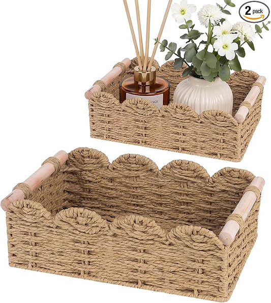 iEGrow Paper Rope Small Storage Baskets for Organizing, Set of 2 Scalloped Edge Wicker Basket with Wooden Handles Toilet Paper Basket for Over Toilet Storage Shelf, Home Decor, Living Room (Neutral)