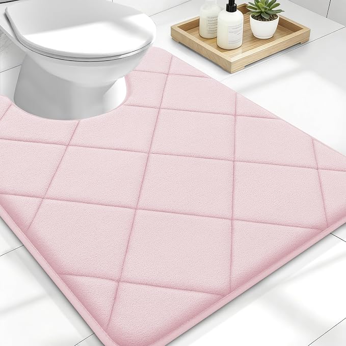 OLANLY Memory Foam Toilet Rugs U-Shaped 24x20, Ultra Soft and Absorbent | Pink, Quick Dry Commode Contour Rugs, Machine Washable, Comfortable Bathroom Contour Bath Mats for Toilet Base