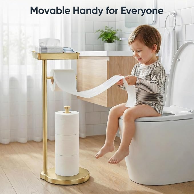 theaoo Toilet Paper Holder Stand with Shelf, Flushable Wipes Dispenser, Free Standing Toilet Tissue Roll Storage Rack Organizer for Bathroom (Gold, Free Standing - with Storage)