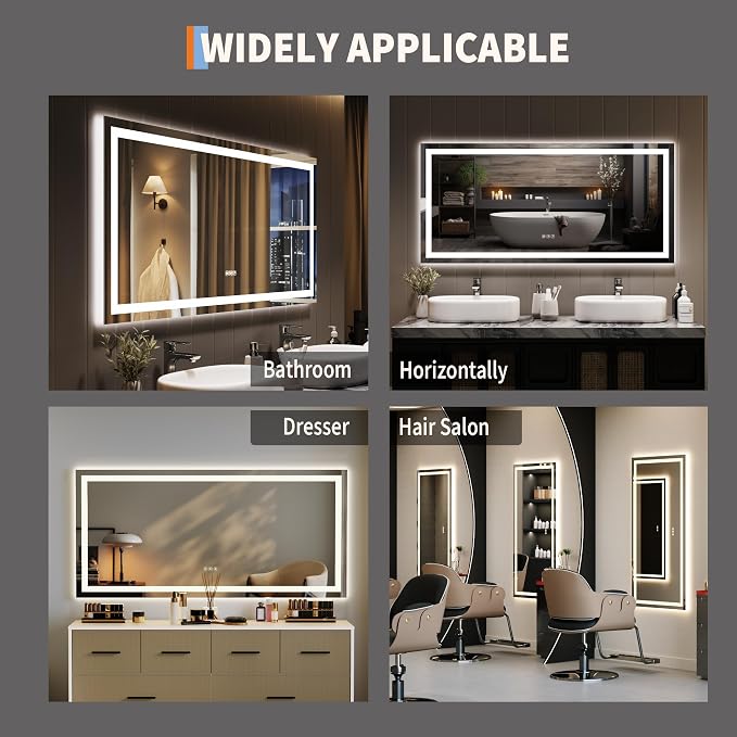 Large LED Bathroom Mirror 60x36 Inch - Frontlit & Backlit Frameless Wall Vanity Mirror with Stepless Dimming, Adjustable Color Temp, Anti-Fog Defogger, Smart Memory & 3X Suction Mirror, Sha