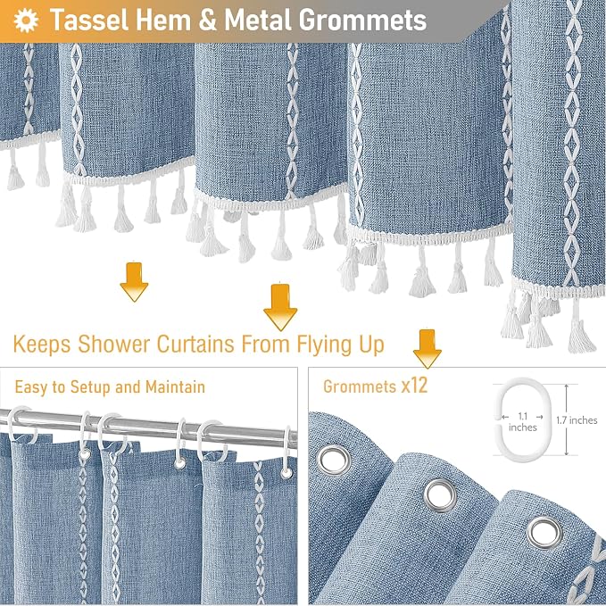 72x96 Extra Long Boho Linen Heavy Duty Cloth Shower Curtain Set, Blue | Extra Tall Size, 330GSM Linen Blend, Water Repellent, Vintage Striped Fabric, 12 Hooks, Rustic Country, Machine Washable