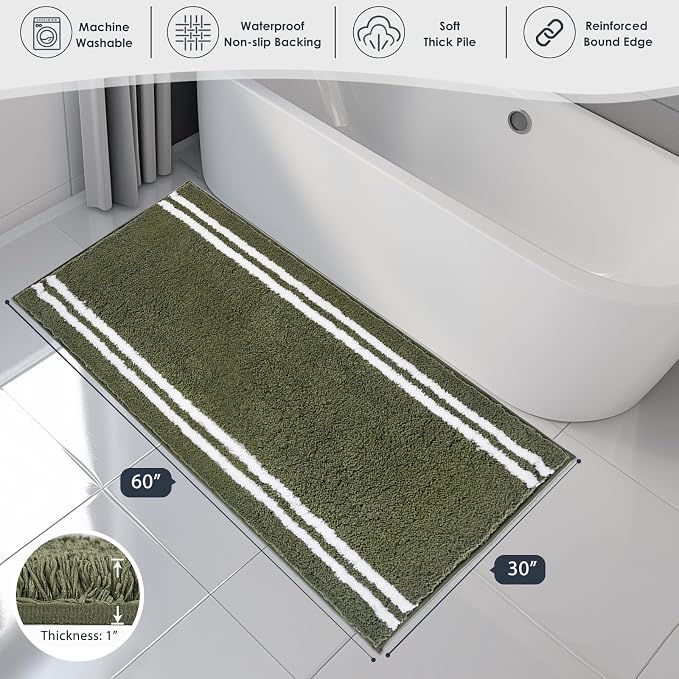 PURRUGS Bathroom Rug, Bath Mat, 30" x 60", Olive Green | Machine Washable, Non-Slip, Waterproof TPR Backing, Super Absorbent, Quick Dry, Bath Rug for Shower, Bathtub, and Sink