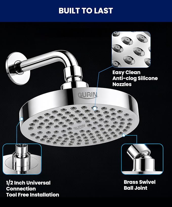 Shower Head - Premium Polished Chrome Finish - Rain Showerhead 6 Inch | High Pressure Shower Heads with Adjustable Angles, 90 Anti-Clog Nozzles, Tool-Free 1-Min Install