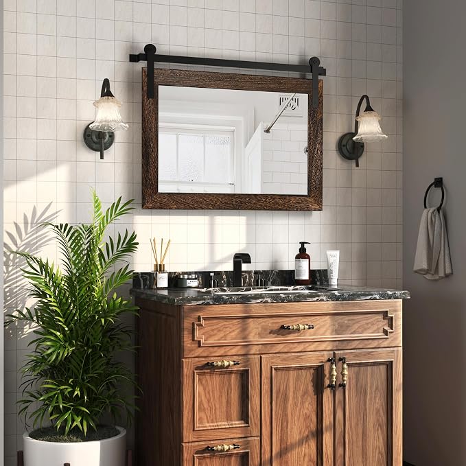 COGOOD Farmhouse Bathroom Mirrors for Over Sink - 22 x 30 Black Brown | Rustic Barn Door Wood Framed Vanity Mirror for Entryway, Living Room, Bedroom, Dresser Wall Decor