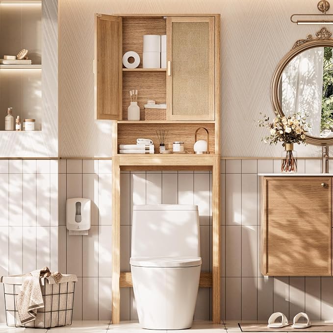 Over the Toilet Storage Cabinet, Bathroom Storage Cabinet with Rattan Doors, Bathroom Cabinet Over Toilet with Adjustable Shelf, Tall Freestanding Over Toilet Bathroom Organizer, Boho Natural Style
