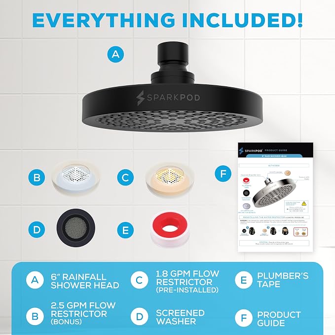 SparkPod Rain Shower Head, 6 Inch Round, Midnight Black Matte Finish | High Pressure Shower Heads, 90 Nozzles, Adjustable Showerhead, No Tools Needed, Universal Connection