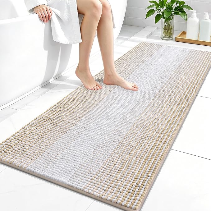 OLANLY Bathroom Runner Rugs 47x24, Soft Chenille Striped Bath Rugs, Beige | Extra Absorbent, Rubber Backing, Machine Wash Dry, Bath Mats for Bathroom Floor, Tub and Shower, Home Decor Accessories