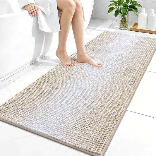 OLANLY Bathroom Runner Rugs 47x24, Soft Chenille Striped Bath Rugs, Beige | Extra Absorbent, Rubber Backing, Machine Wash Dry, Bath Mats for Bathroom Floor, Tub and Shower, Home Decor Accessories