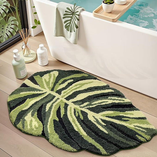 LUMI Cute Bathroom Rug Green Leaf, Absorbent Non Slip Bath Mat, 32"x48" | Dark Monstera Plant, Soft Plush Microfiber, Quick Dry, Washable for Shower Floor, Sink Bathtub, Bedroom, Kids Room