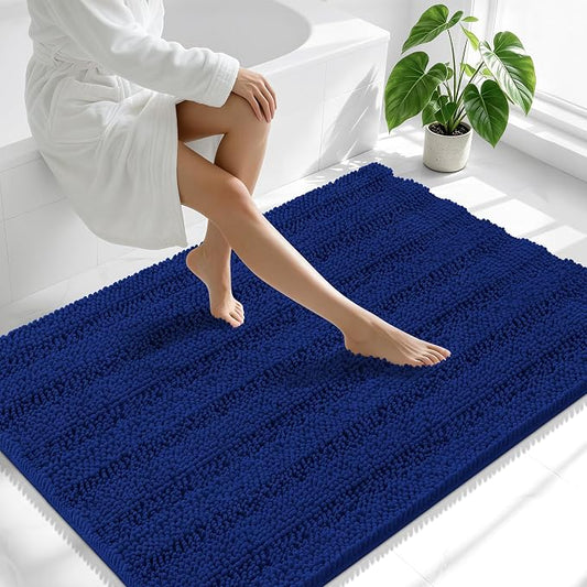 Smiry Thick Chenille Large Bathroom Runner Rugs 40x32, Soft Bath Mat, Navy | Quick‑Dry & Machine Washable, Non‑Slip Bath Carpet, Striped Bath Rugs for Tub & Shower, Modern Home Decor Accessories