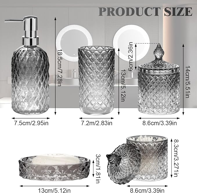 Bathroom Accessories Set, 5Pcs Gradient Glass Bath Accessory Sets Complete, Glass Bathroom Accessories with Soap Dispenser, Soap Dish, Toothbrush Holder, Qtip Holder