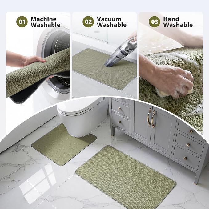 Bathroom Rugs Sets 2 Piece, Thin Bath Mat & U-Shaped Contour Toilet Rug Absorbent Quick Dry, Machine Washable, Non Slip Low Pile Bath Mats for Bathroom/Tub/Sink/Shower (30"x20" +24"x20" U, Sage Green)