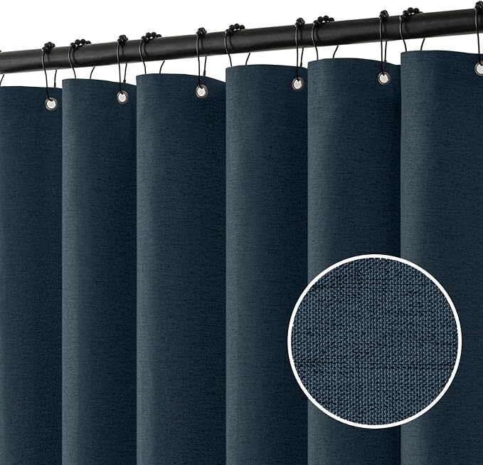 MIULEE 72 x 84 Extra Long Linen Shower Curtain Navy Blue 12 Metal Hooks | Washable, Heavy Fabric Shower Curtain Set, Waterproof Thick Cloth Shower Curtain, Bathroom Hotel Bathtub