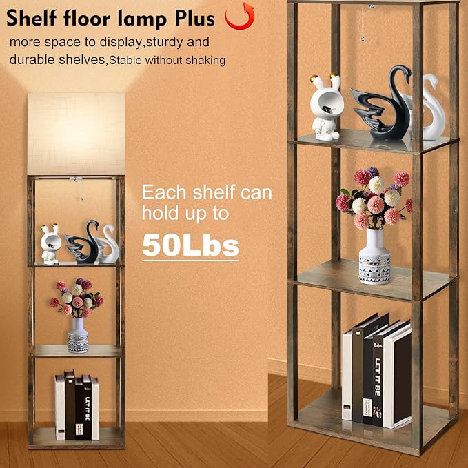 Plus Floor Lamp with Shelves, Modern Shelf Floor Lamp with 15W 3CCT LED Bulb and Memory Function, Wide Shelf Lamp for Display Storage, Standing Lamps for Living Room, Bedroom, Office, Corner