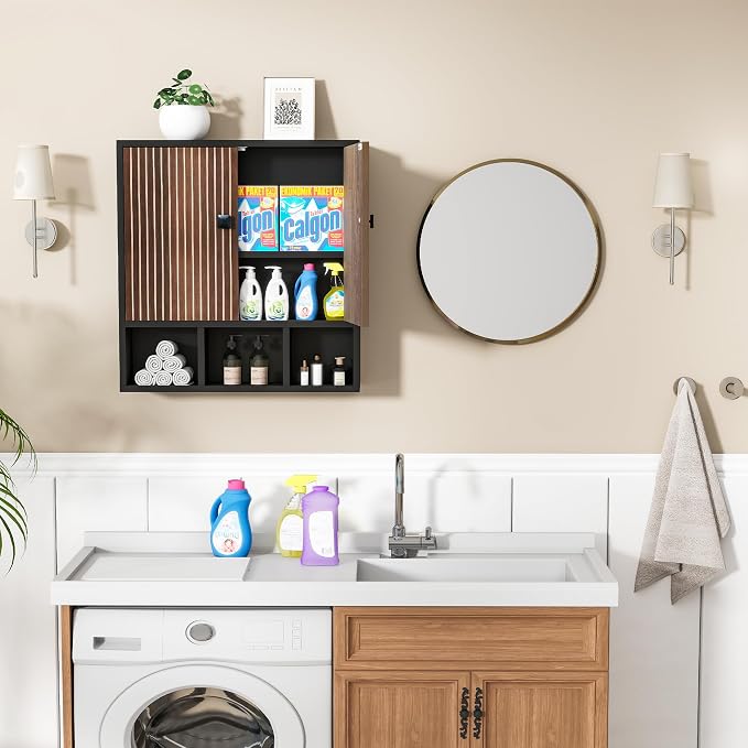 Bathroom Wall Cabinet,Wooden Medicine Cabinet with Fluted Doors Over The Toilet Storage Cabinet with Adjustable Shelf for Bathroom (Black)
