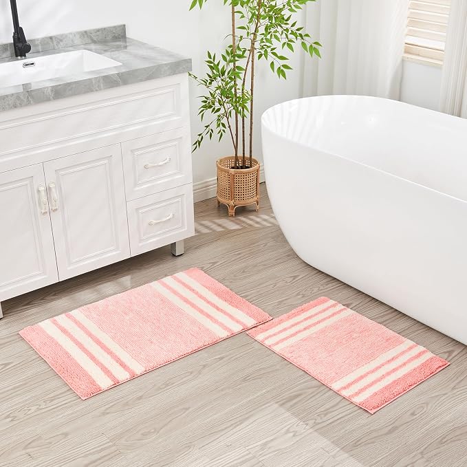 CozeCube Blossom Pink Striped 24"x16" Non Slip Washable Bath Mat | For Bathroom, Fluffy Absorbent Microfiber Bath Mats Machine Wash, Stylish Small Aesthetic Bathroom Rugs