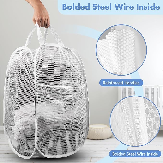 Pop Up Laundry Hamper, 70L Collapsible Mesh Laundry Basket with Side Pocket, Foldable Dirty Clothes Hamper with Sturdy Reinforced Handles for Home Dorm Bedroom Travel Storage, White, 2Pack