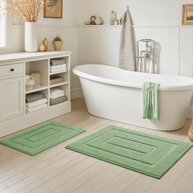 GRANNY SAYS Green Bathroom Rugs Set 2 Piece, Non Slip Microfiber Bath Mats | Soft microfiber with TPR backing, fast water absorption, machine washable 2 piece bath rug set for Tub, Shower, Toilet