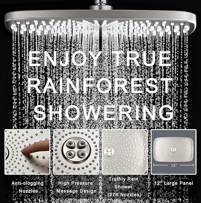 12" High Pressue Rain Shower Head with Handheld, 9 Sprays Hand Showerhead | Shower Heads with Handheld Spray Combo, Dual Head, Built-in Magnetic Docking, Power Jets, 59" Shower Hose, Nickel 1.8GPM