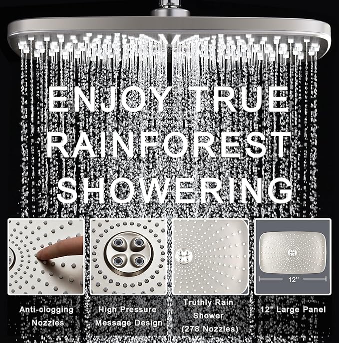 12" High Pressue Rain Shower Head with Handheld, 9 Sprays Hand Showerhead | Shower Heads with Handheld Spray Combo, Dual Head, Built-in Magnetic Docking, Power Jets, 59" Shower Hose, Nickel 1.75GPM