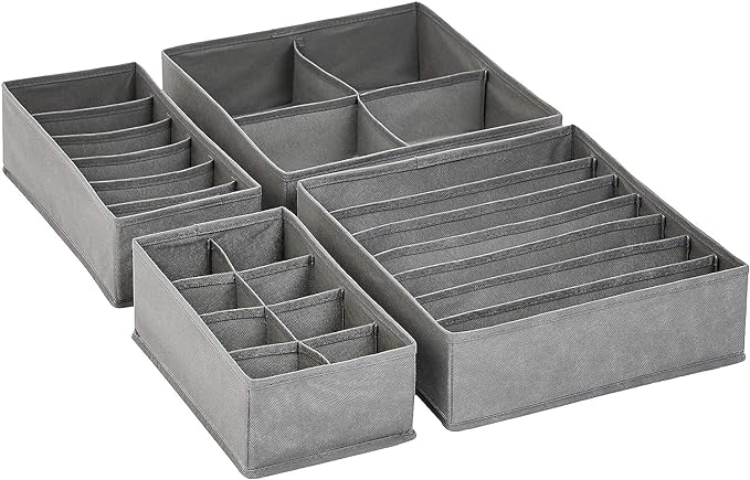 Amazon Basics Deep Drawer Organizer for Clothes, Collapsible Storage Boxes for Socks, Underwear and Baby Items, Set of 2, Gray | Set of 4