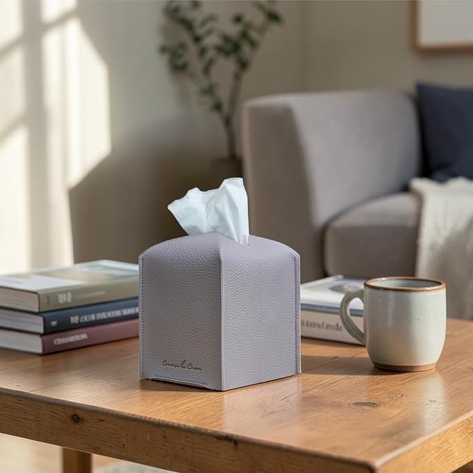 Premium PU Leather Tissue Box Holder - Elegant Hotel-Style Tissue Box Cover for Home, Office & Car Décor, Tissues Cube Organizer for a Natural & Classic Look (Purple Grey 2 Pack)