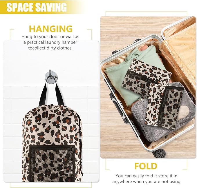 Olosar Laundry Bag Backpack, Extra Large Travel Laundry Bag with Mesh Pocket & Adjustable Shoulder Straps,Dirty Clothes Travel Bag for College Students Dorm,Apartment(Leopard Print)