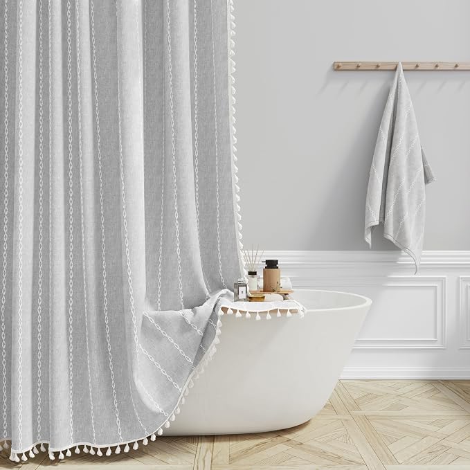 72x96 Extra Long Boho Linen Heavy Duty Shower Curtain Set, Grey/Gray | Extra Tall Size, 330GSM Linen Blend, Water Repellent, Vintage Striped Fabric, 12 Hooks, Rustic Country, Machine Washable