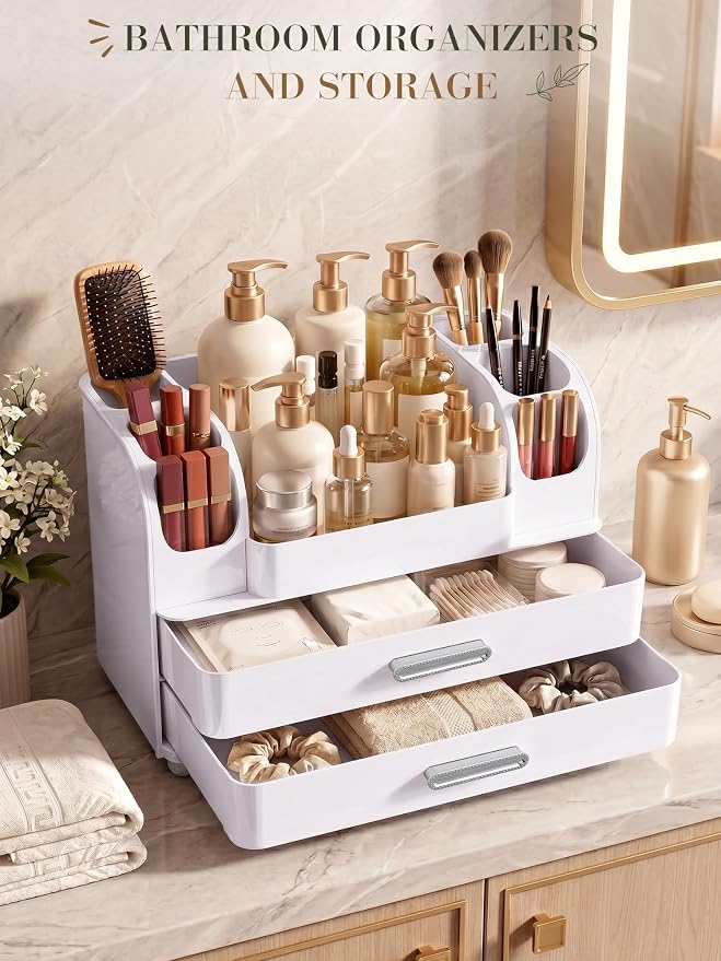 Large Makeup Organizer Countertop for Vanity Skincare Organizers | Cosmetic Display Cases with Drawers and Brushes Holders, Make up Organizers for Perfumes, Nail Polish, Lipsticks, All White