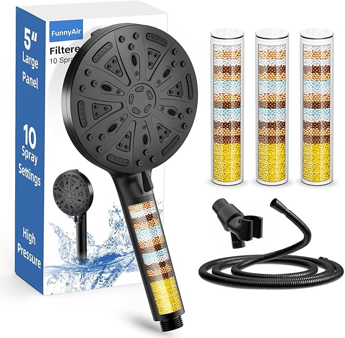Filtered Handheld Shower Head, 9 Spray Modes High Pressure, 3 Replacement Filters Included, Hard Water Softener 20-Stage Filtration, Remove Chlorine, Relieve Dry Itchy Skin, 3 Filters-Black