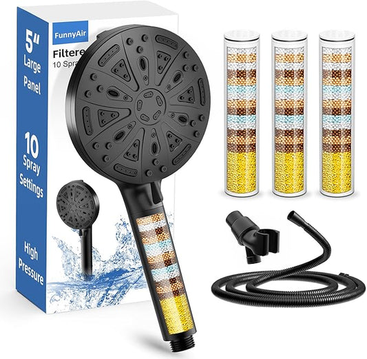 Filtered Handheld Shower Head, 9 Spray Modes High Pressure, 3 Replacement Filters Included, Hard Water Softener 20-Stage Filtration, Remove Chlorine, Relieve Dry Itchy Skin, 3 Filters-Black