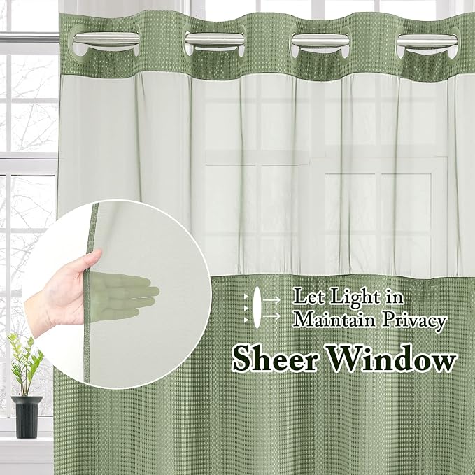 No Hook Cloth Green Shower Curtain with Liner, 72x74 | Snap-in Fabric Liner, Hotel Style with Mesh Top Window, Waterproof Coating, Machine Washable, Rustproof Grommets