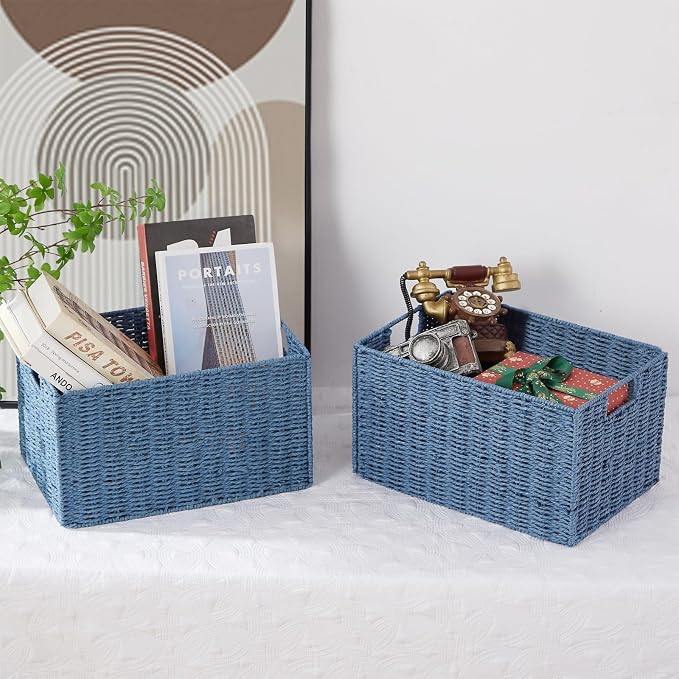 Wicker Storage Basket, Set of 2 Hand-Woven Paper Rope Wicker Basket, Large Storage Baskets for Organizing Toilet Paper, Foldable Cube Storage Organizer Bins for Shelves (Blue)