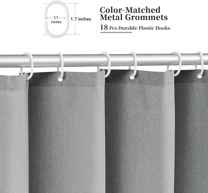 108x72 Boho Scalloped Linen Textured Cloth Shower Curtain, Grey/Gray | Extra Wide Size, 230GSM Waterproof Polyester, Heavy Duty Fabric, 18 Plastic Hooks, Modern Farmhouse Style, Machine Washable