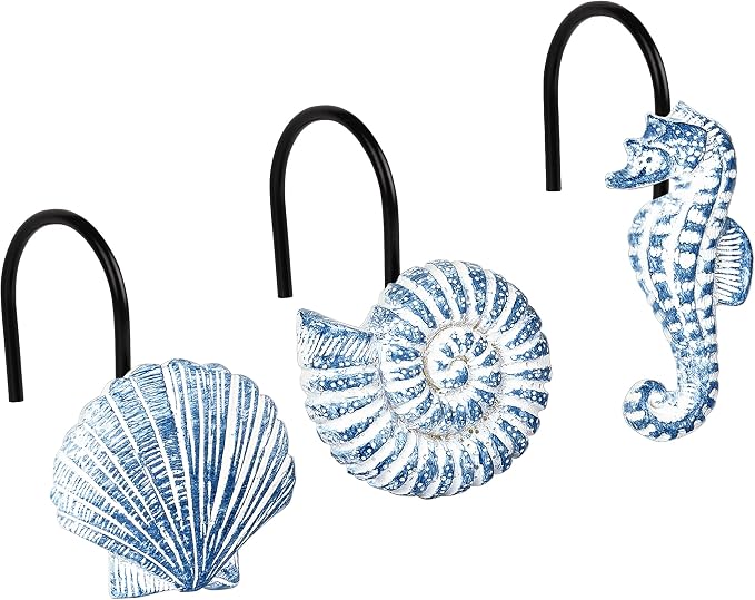Sunlit Seashells Decorative Shower Curtain Hooks, Sky Blue Ocean Creatures Coastal Shower Curtain Rings with Black Hooks, Resin, Nautical Bathroom Decoration Beach Shower Curtain Hooks, Set of 12