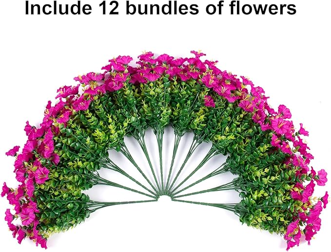 Artificial Flowers for Outdoors Fake Plants Outside Decoration, 12 Bundles Faux Fuchsia Morning Glory UV Resistant Look Real Silk Flowers for Outside Planter Front Door Porch Patio Yard Urn