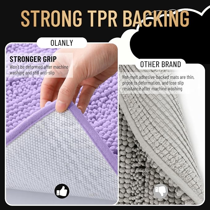 OLANLY Thick Small Bathroom Rugs 24x16, Soft Chenille Bath Rugs, Lavender | Rubber Backing, Machine Wash, Extra Absorbent Striped Bath Mats for Bathroom Floor, Tub and Shower, Home Decor Accessories