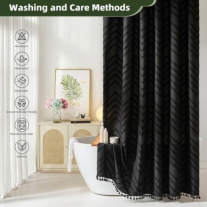 Siiluminisoy 78 inch Shower Curtain Long Shower Curtain Black Tufted Chevron Striped Tall Fabric Boho Shower Curtains for Bathroom Modern Shabby Chic Waterproof Cloth Shower Curtains