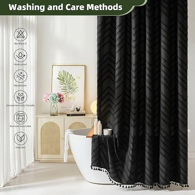 Siiluminisoy Stall Boho RV Shower Curtain Black Tassel Woven Fabric Short Shower Curtain 48 x 64 Modern Farmhouse Textured Tufted Chevron Striped Minimalist Bathroom Shower Curtain