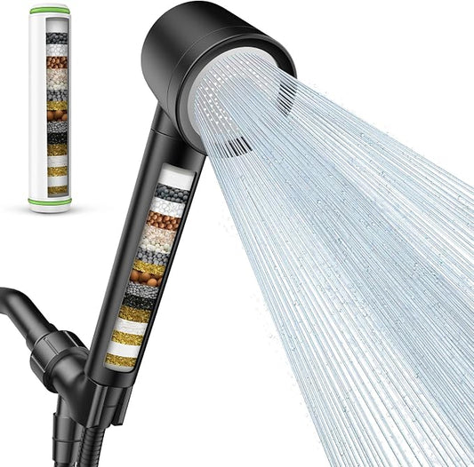 Filtered Shower Head with Handheld, High Pressure Water Flow and Multiple Spray Modes Shower Head with Filter, Power Wash for Hard Water, Showerhead with ON/OFF Switch for Pets Bath (Glossy Black) | 3 Spray,Silicone Massage Brush,Detachable Showerhead,...