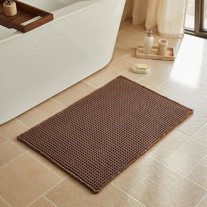 Triohero Waffle Bath Mat, Boho Bathroom Rugs Non Slip Washable, Ultra Soft Super Absorbent Quick Dry Farmhouse Bathroom Decor, 24" x 36", Mocha