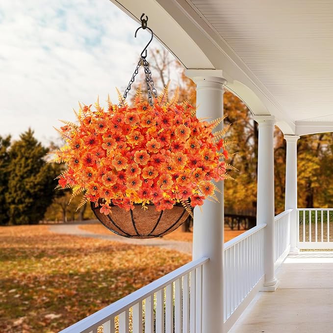 16PCS Artifcial Fall Flowers, Silk Flowers with Eucalyptus & Ferns | Realistic Orange Autumn Artificial Flowers, Porch Yard Fall Decor, Thanksgiving & Harvest Home Decorations